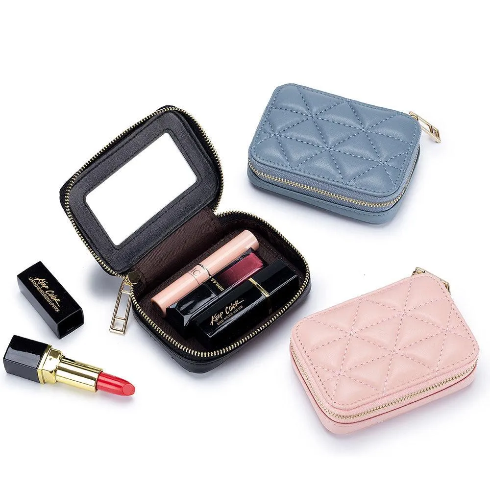 Chic Diamond-Embroidered Leather Mini Cosmetic Bag for Lipsticks & More