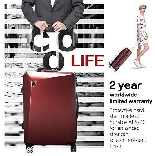 Coolife Luggage 3 Piece Sets PC ABS Spinner Suitcase - Wine Red