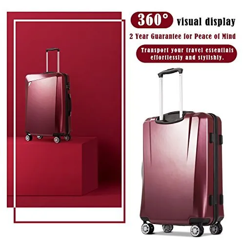 Coolife Luggage 3 Piece Sets PC ABS Spinner Suitcase - Wine Red