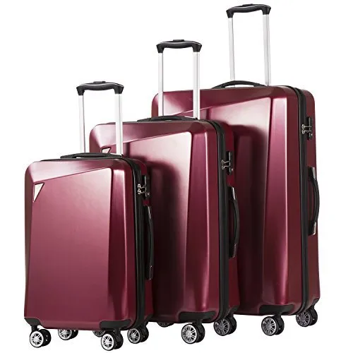 Coolife Luggage 3 Piece Sets PC ABS Spinner Suitcase - Wine Red