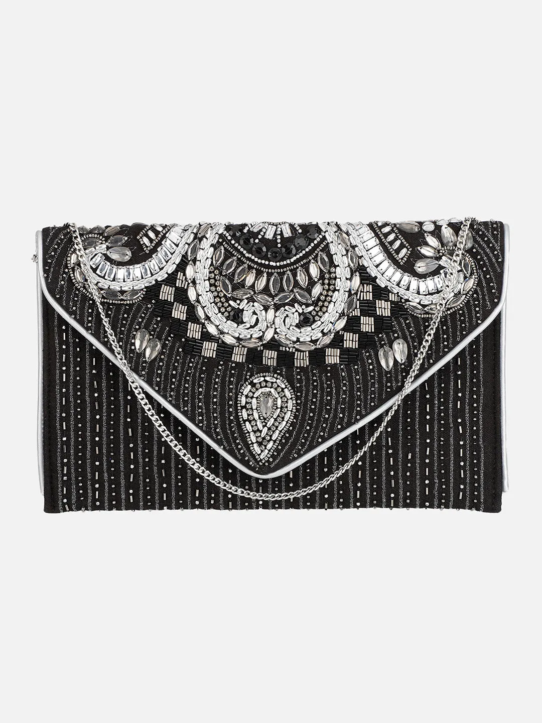 Embroidered Black and Silver Clutch