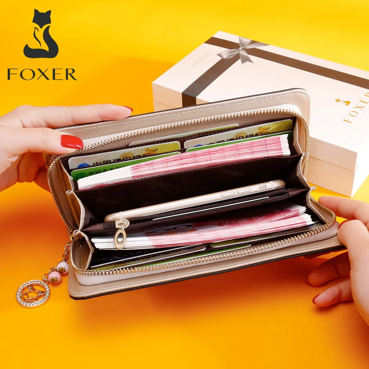 FOXER Chic Female Large Capacity Long Wallets Women'S Stylish Card Holder Coin Case Business Lady Clutch Phone Bag Money Purse