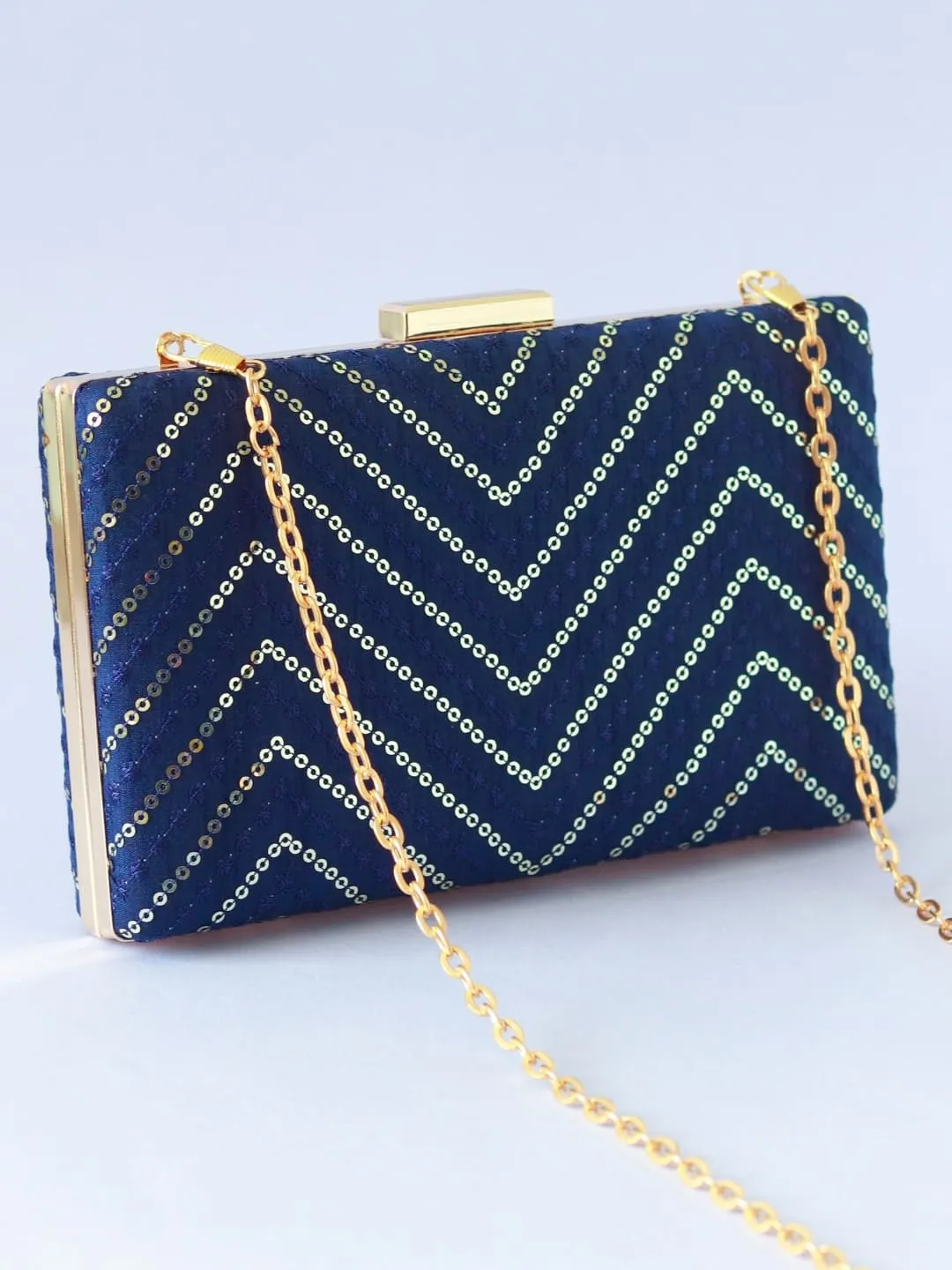 Mehak Blue Zig Zag Sequins Embroidered Clutch