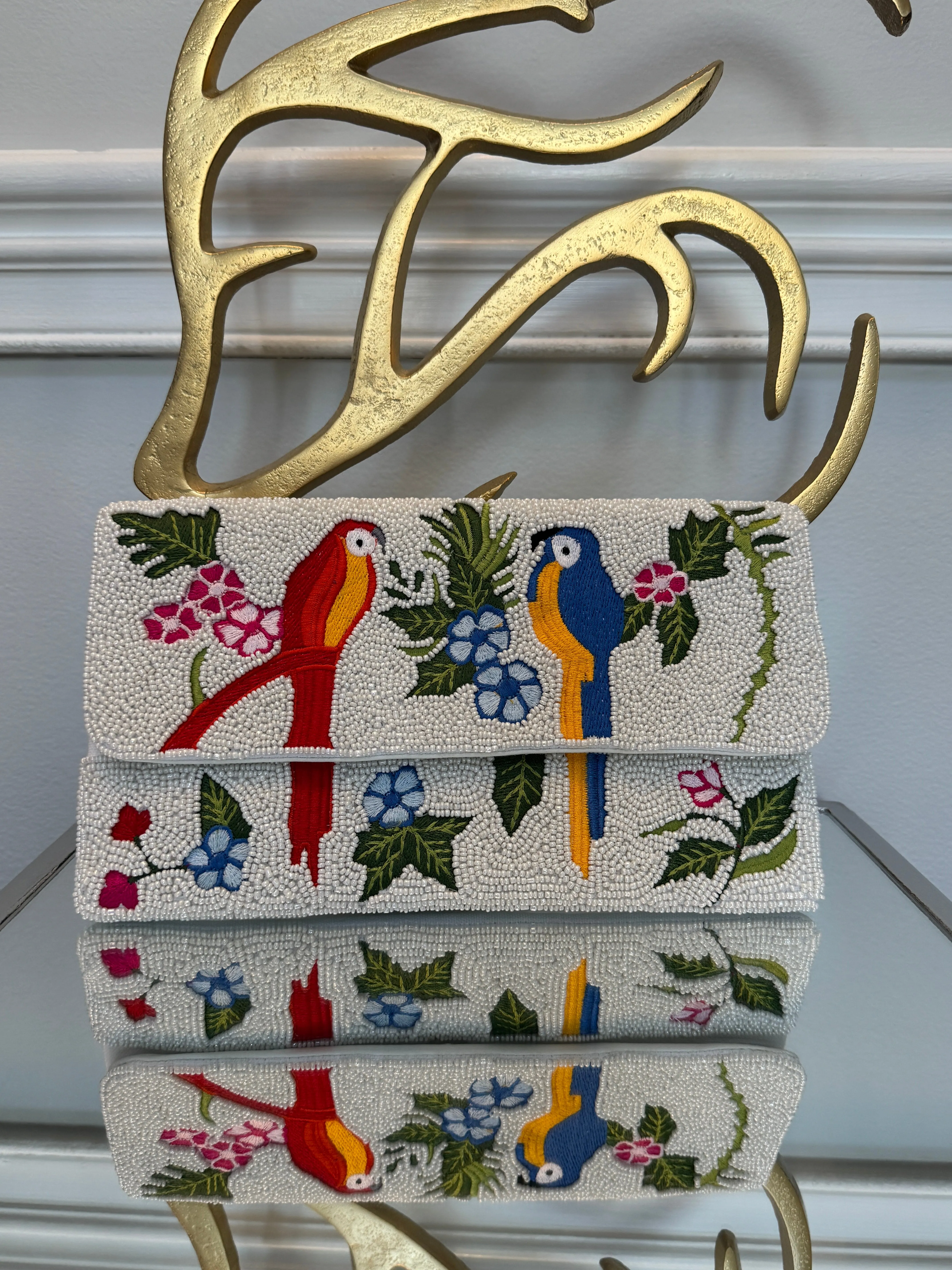 Multicolor embroidery birds beaded Clutch.