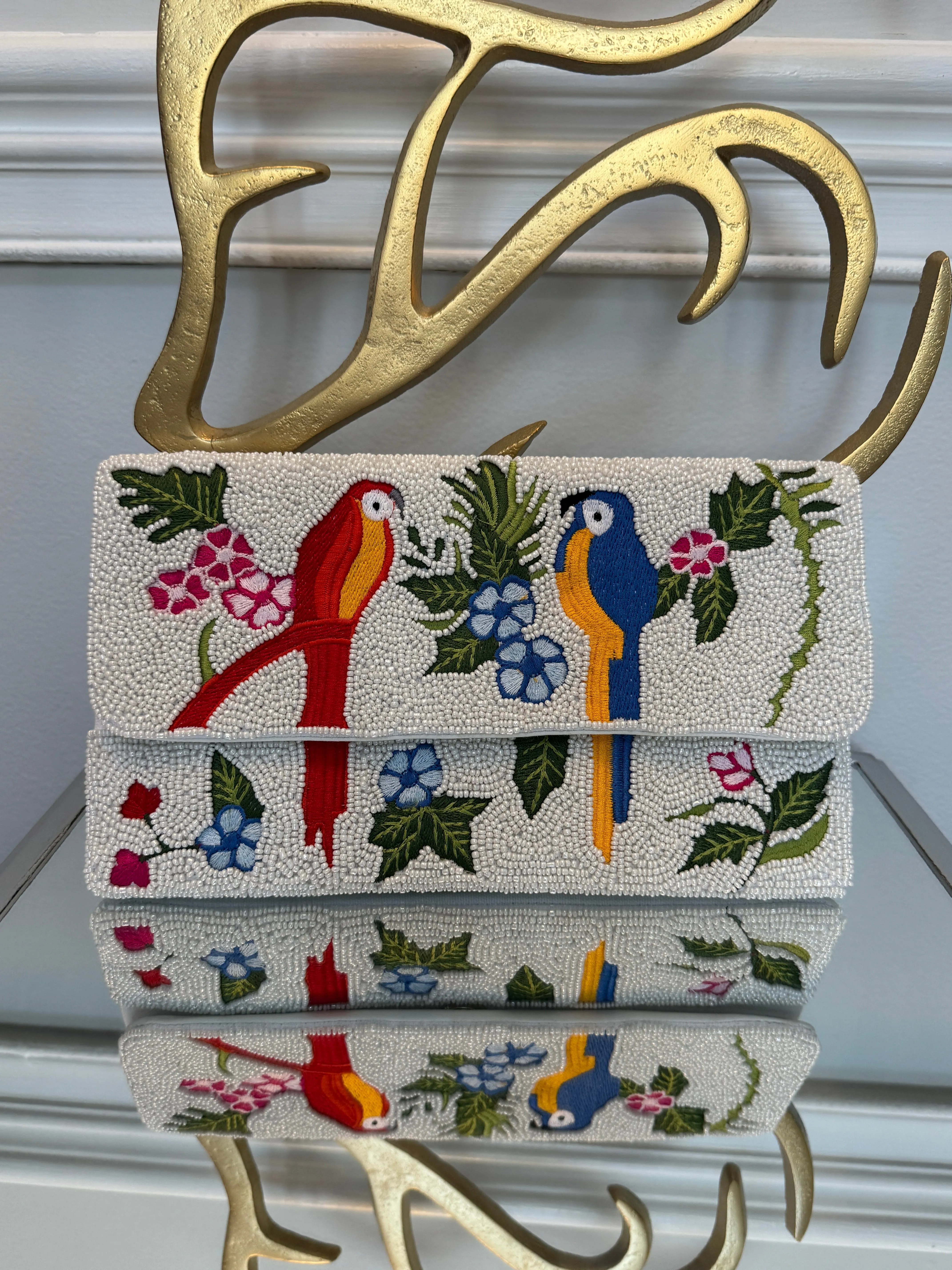 Multicolor embroidery birds beaded Clutch.