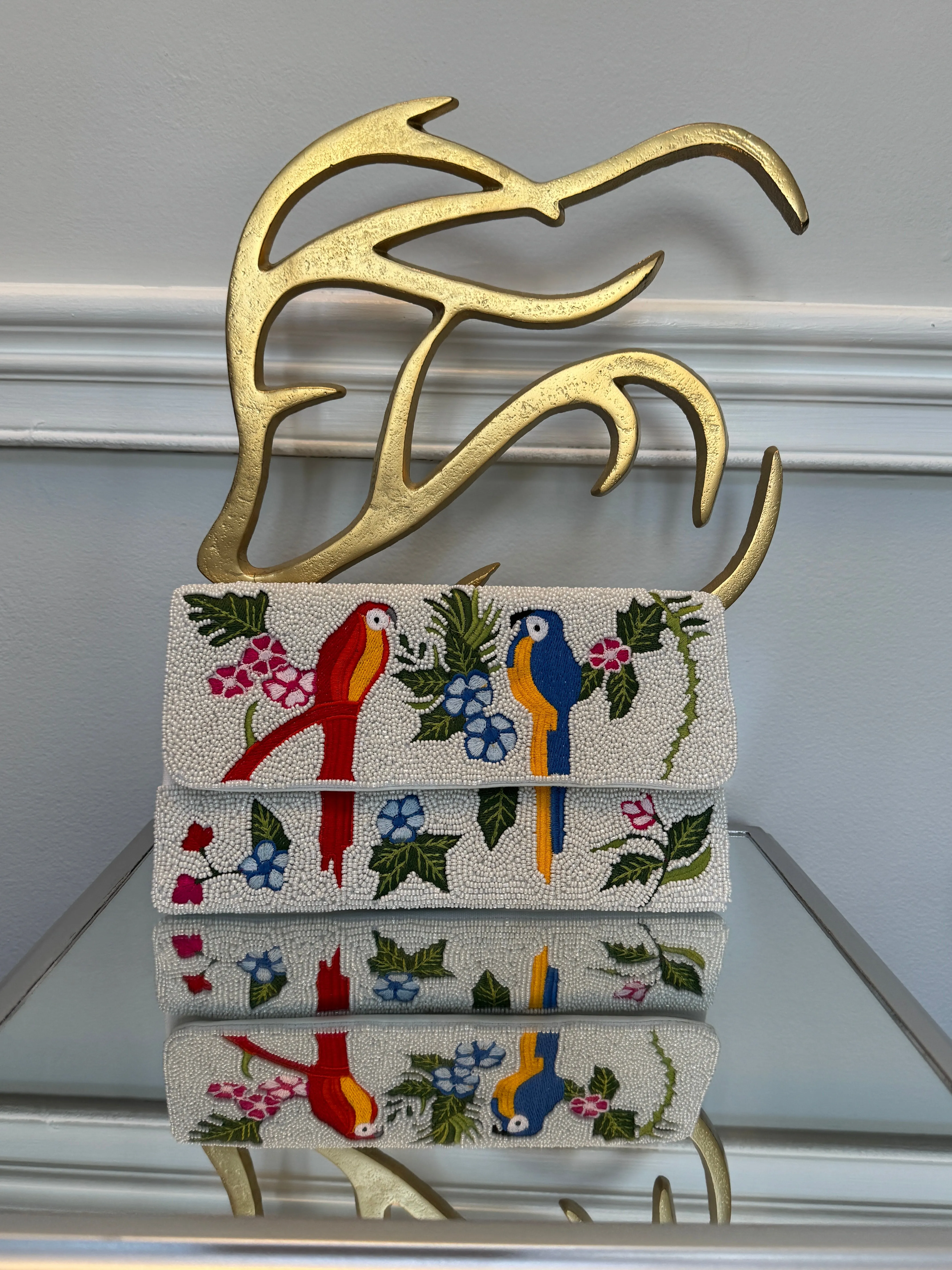 Multicolor embroidery birds beaded Clutch.