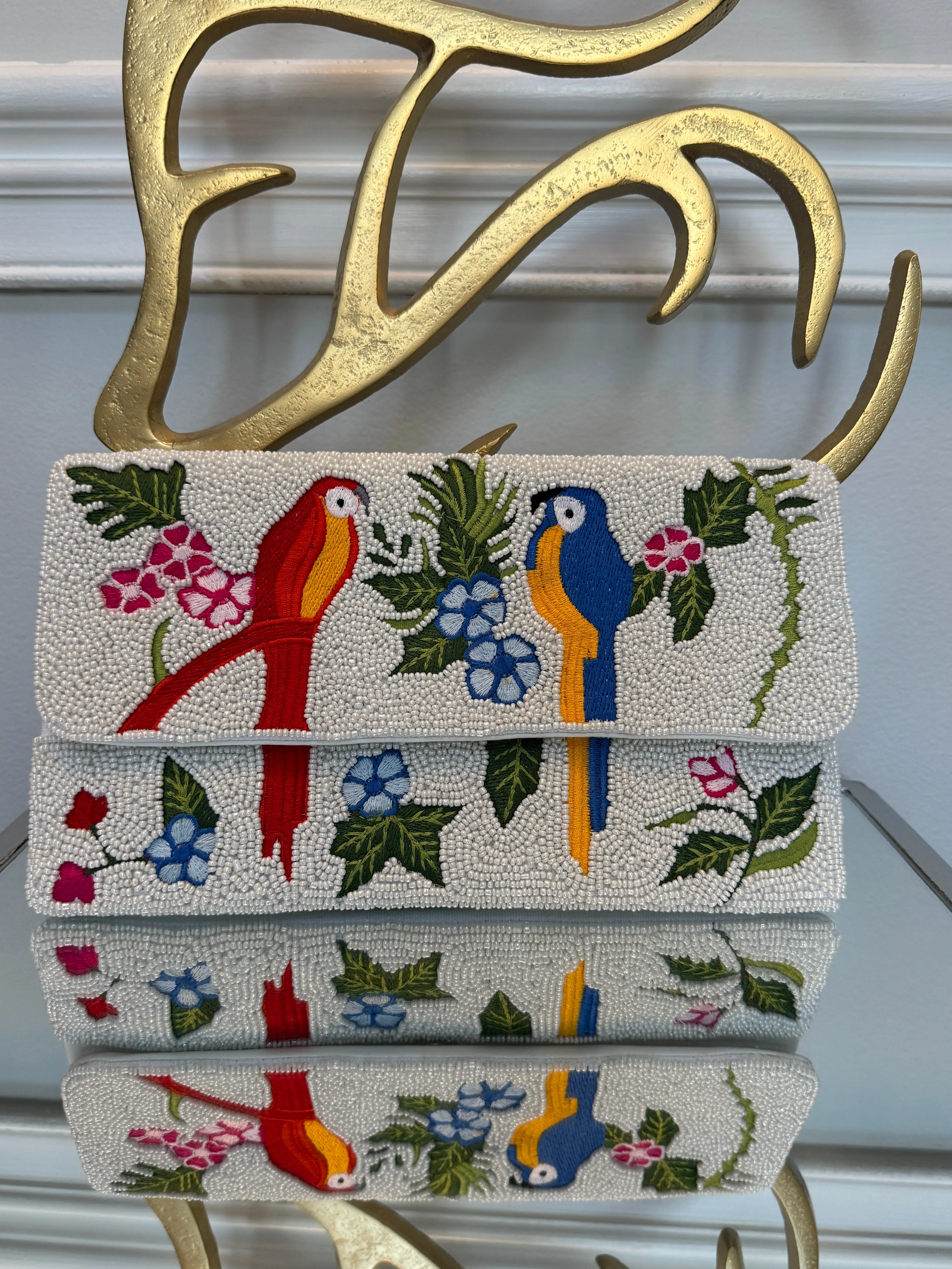 Multicolor embroidery birds beaded Clutch.