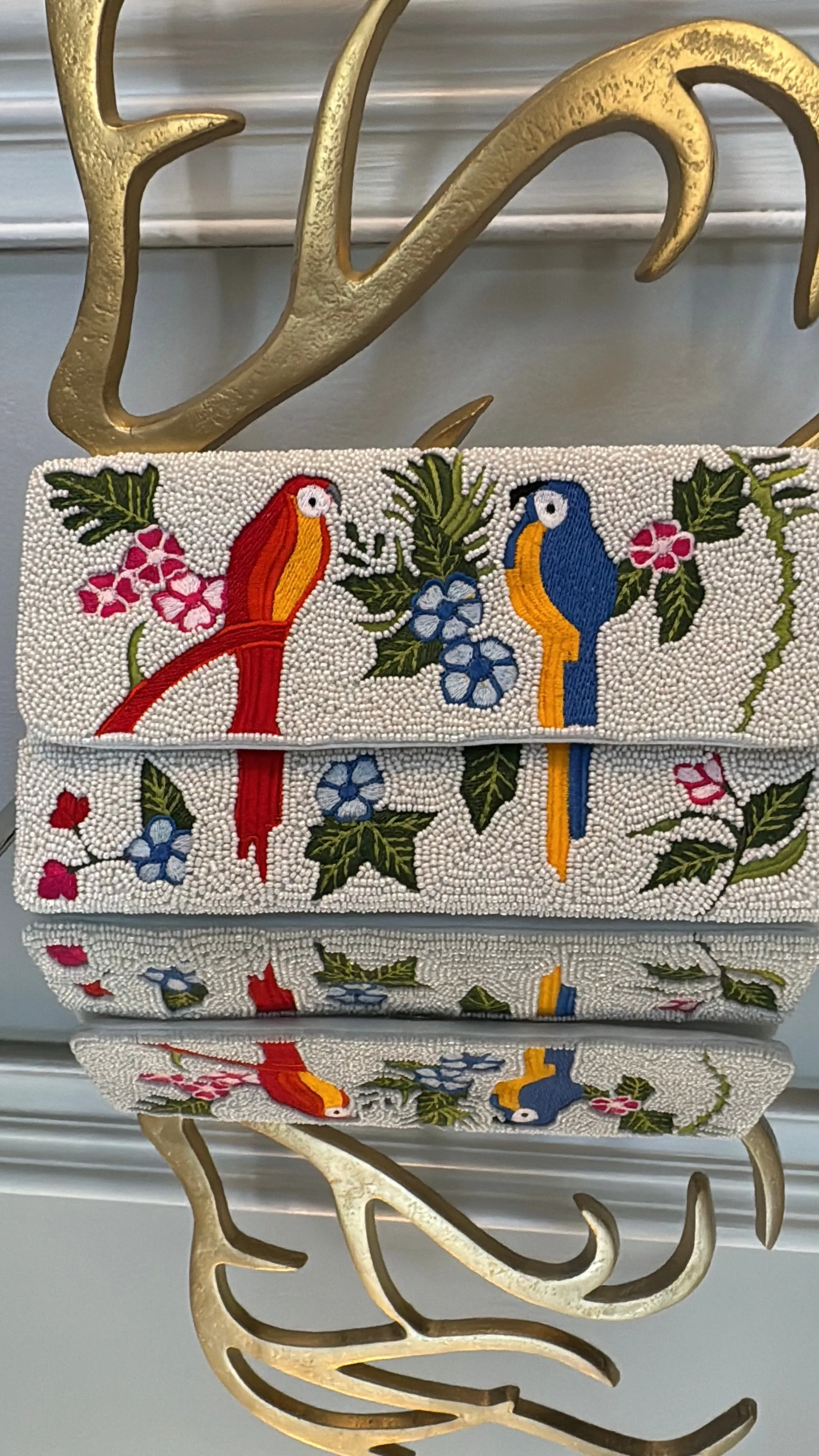 Multicolor embroidery birds beaded Clutch.