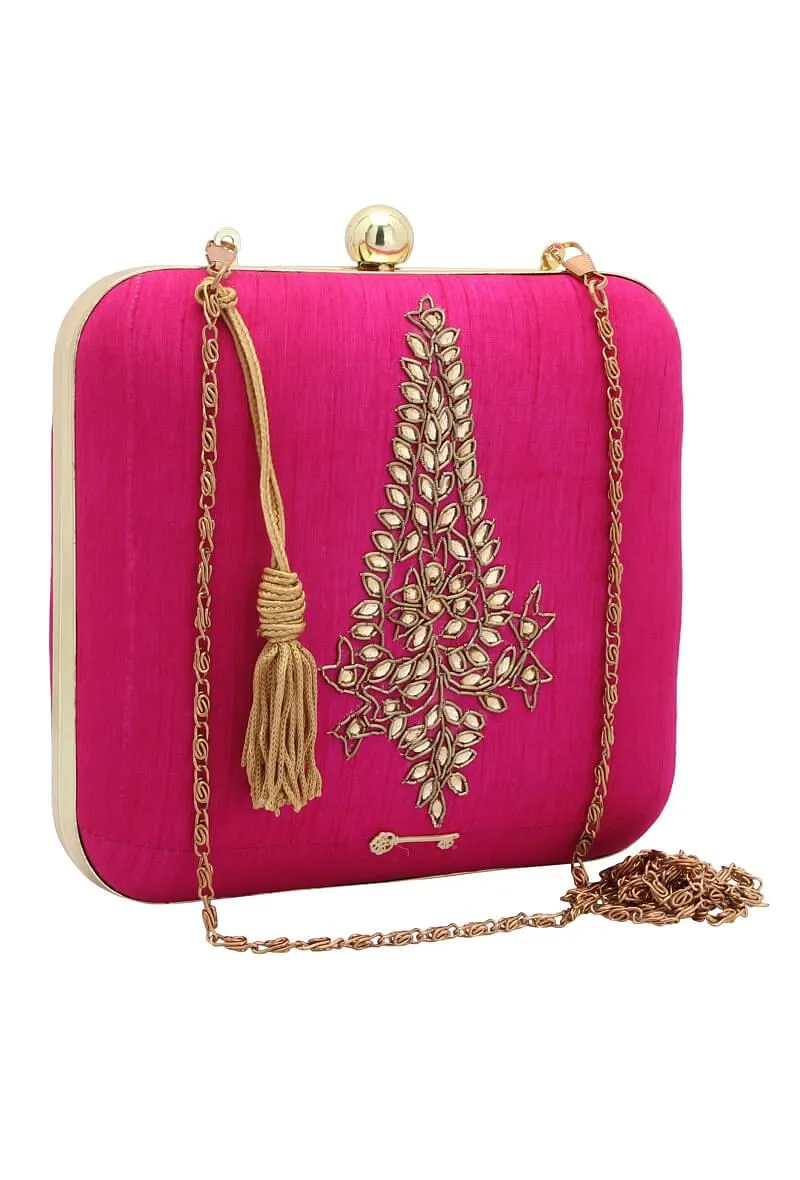 Pink Dabka Zari Embroidery Silk Box Clutch (6.5"x7"x2")