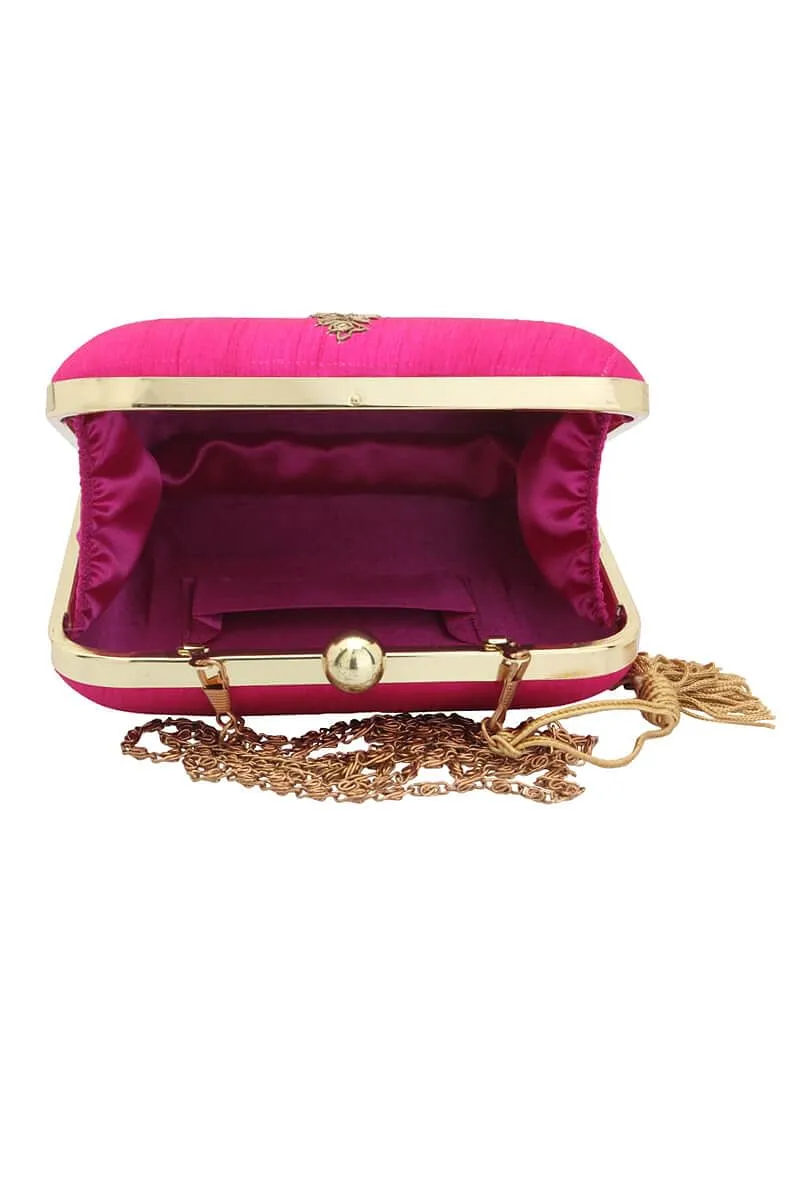 Pink Dabka Zari Embroidery Silk Box Clutch (6.5"x7"x2")