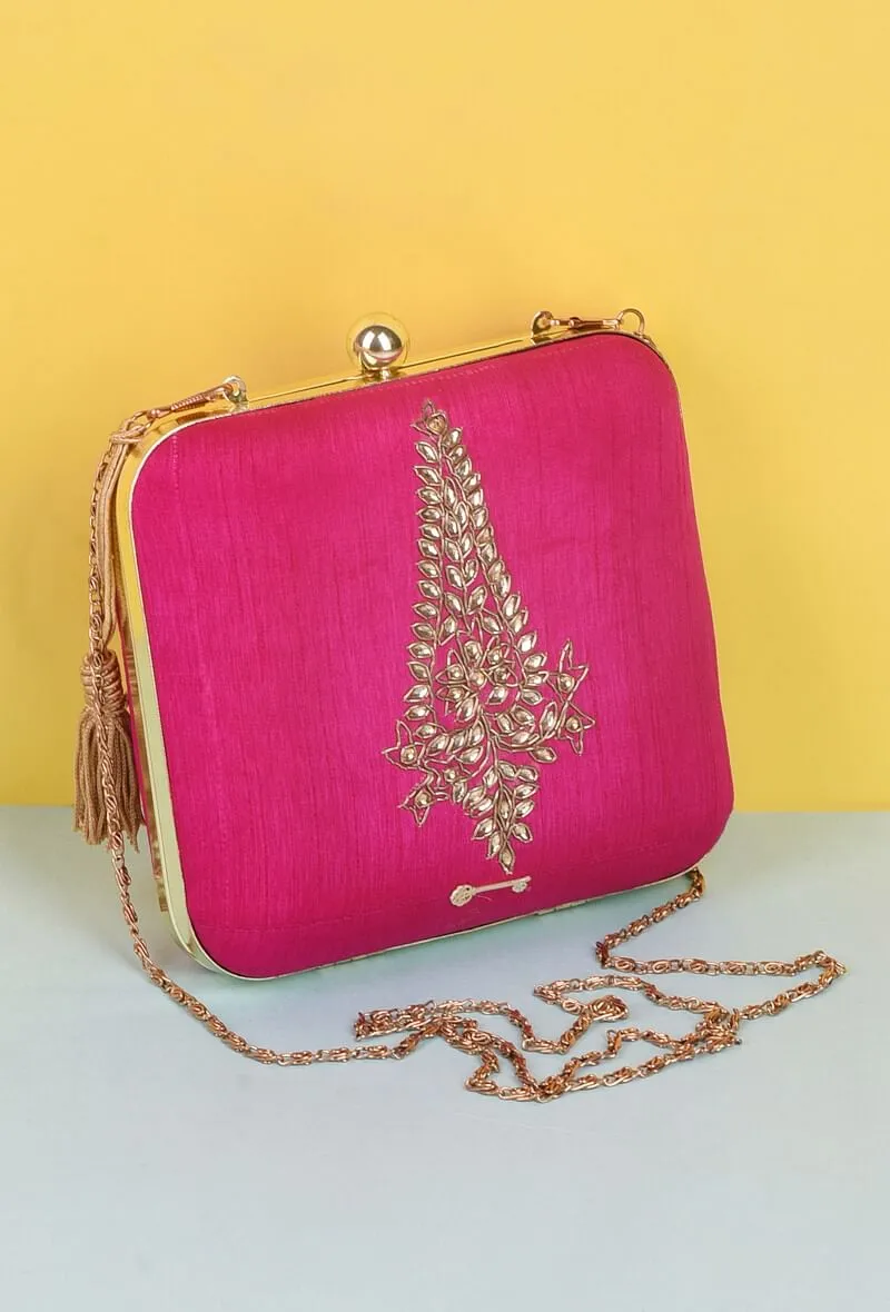 Pink Dabka Zari Embroidery Silk Box Clutch (6.5"x7"x2")