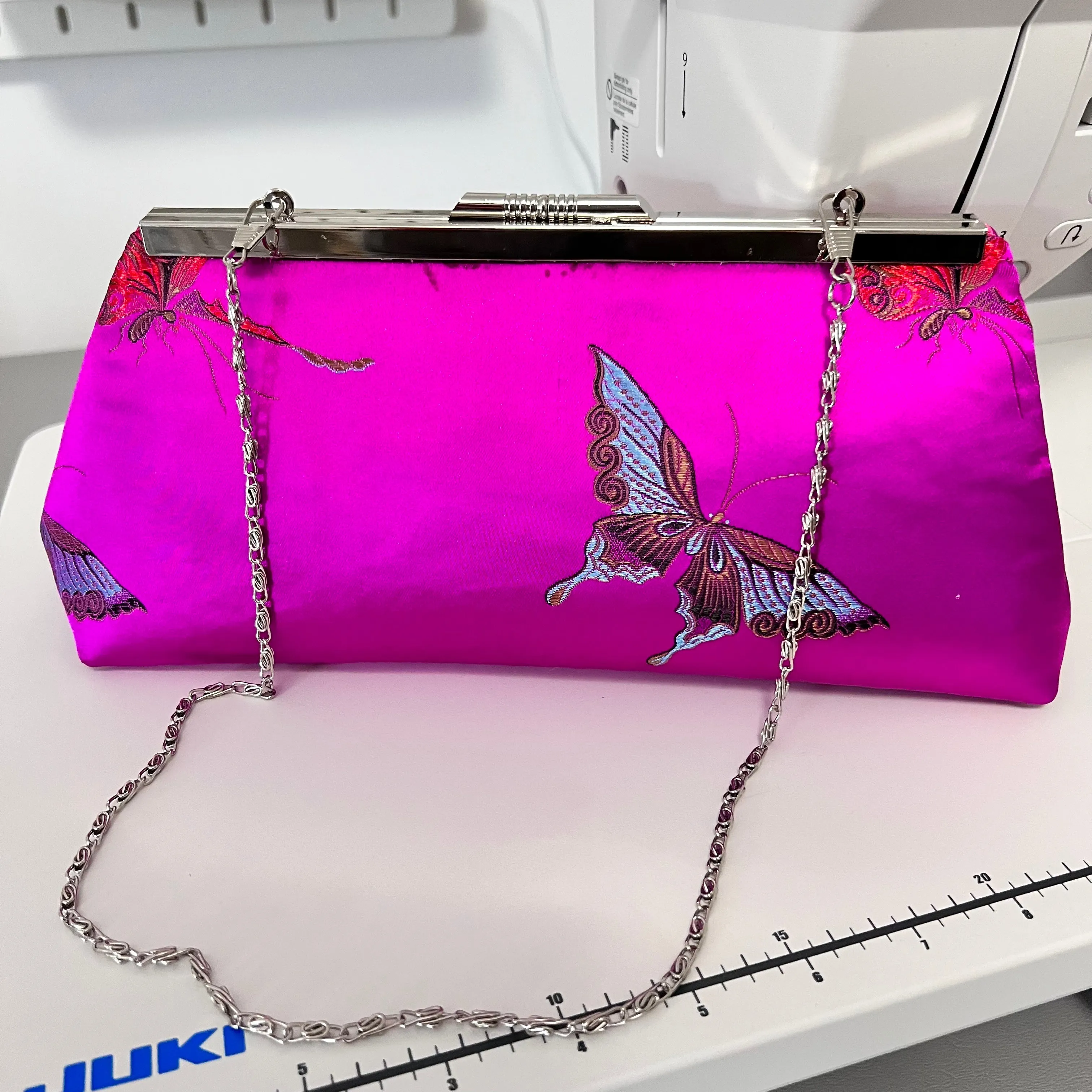 Silk clutch with gold frame and 24" chain - Butterfly