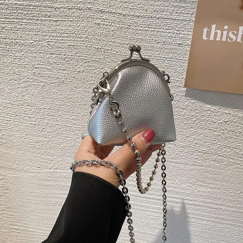 Stylish Mini Clip Mouth Bag with Metal Chain - PU Leather