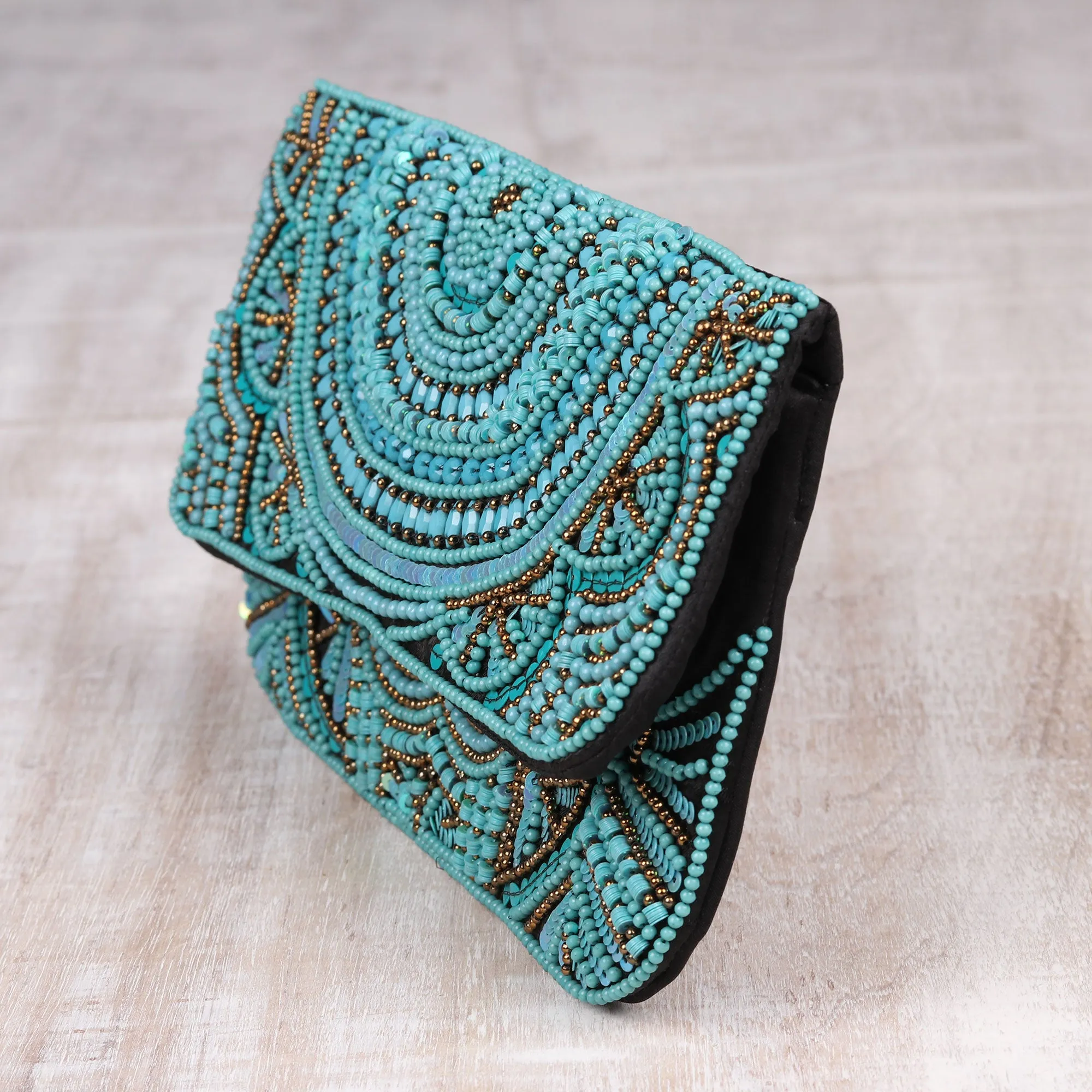 Turquoise Glamour Turquoise Beaded and Sequined Silk Evening Clutch from India