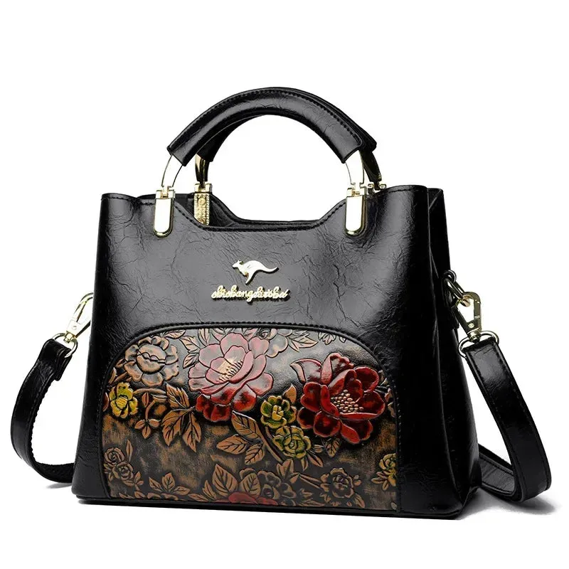 Women's Vintage Embossed Tote PU Leather Shoulder Handbag